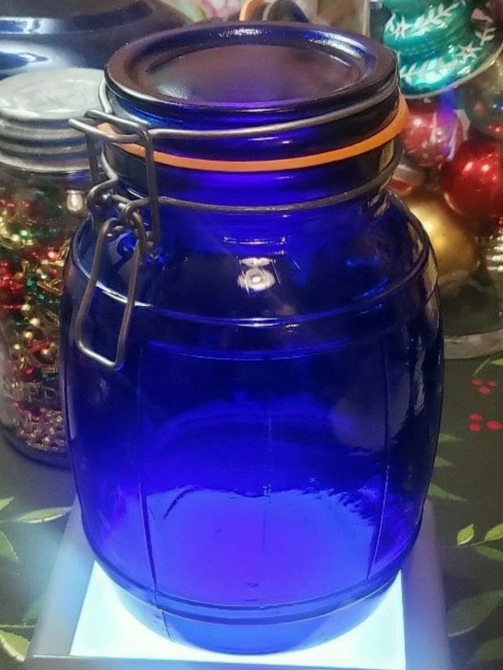 Vintage Barrel Shaped Cobalt Blue Wire Bail Top Glass Jar